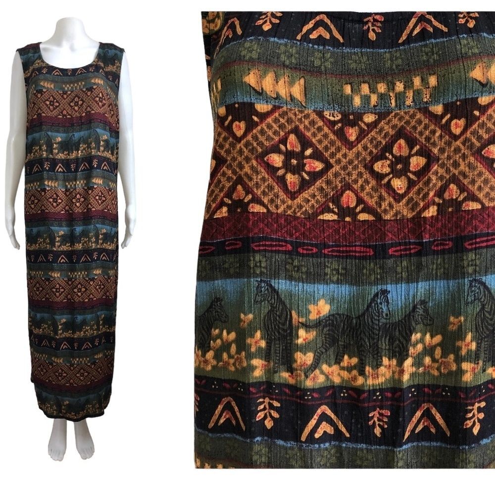 Vintage Size 12 Tribal Zebra Print Maxi Dress 90s Rayon Sleeveless